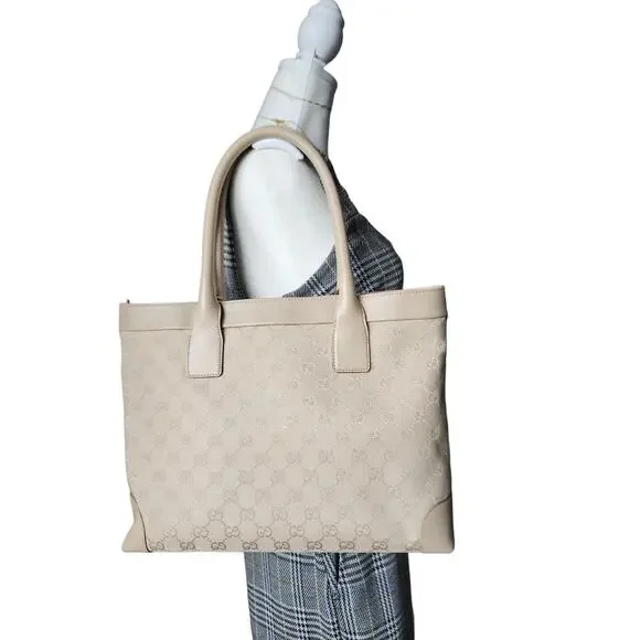 SOLD Gucci GG Monogram Canvas Tote Light Beige Leather Large Shopper Shoulder - Picture 12 of 16